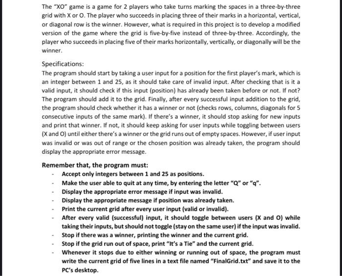 Solved The "XO" game is a game for 2 players who take turns | Chegg.com