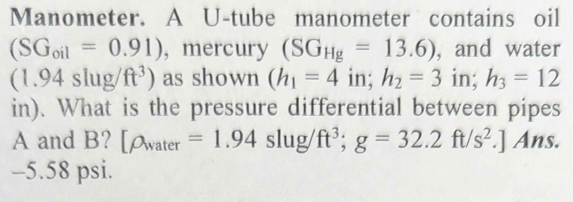 Solved Manometer. A U-tube manometer contains oil (SGoil | Chegg.com