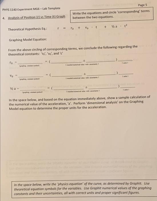 4. Analysis of Position ( \( r \) ) vs Time ( \( t \) ) Graph Write the equations and circle corresponding terms between th