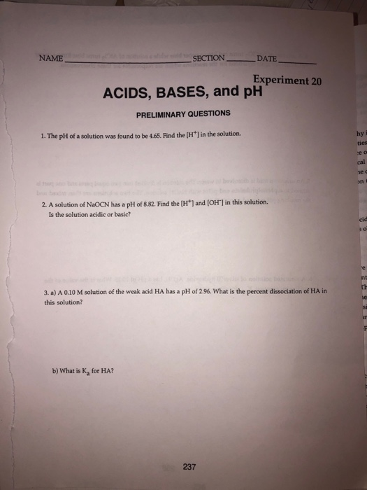Solved SECTION _DATE Experiment 20 ACIDS, BASES, and pH
