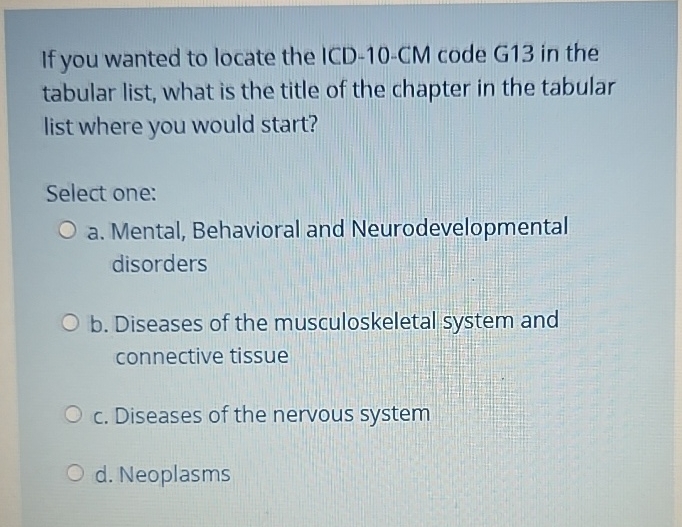 Solved If you wanted to locate the ICD-10-CM code G13 ﻿in | Chegg.com