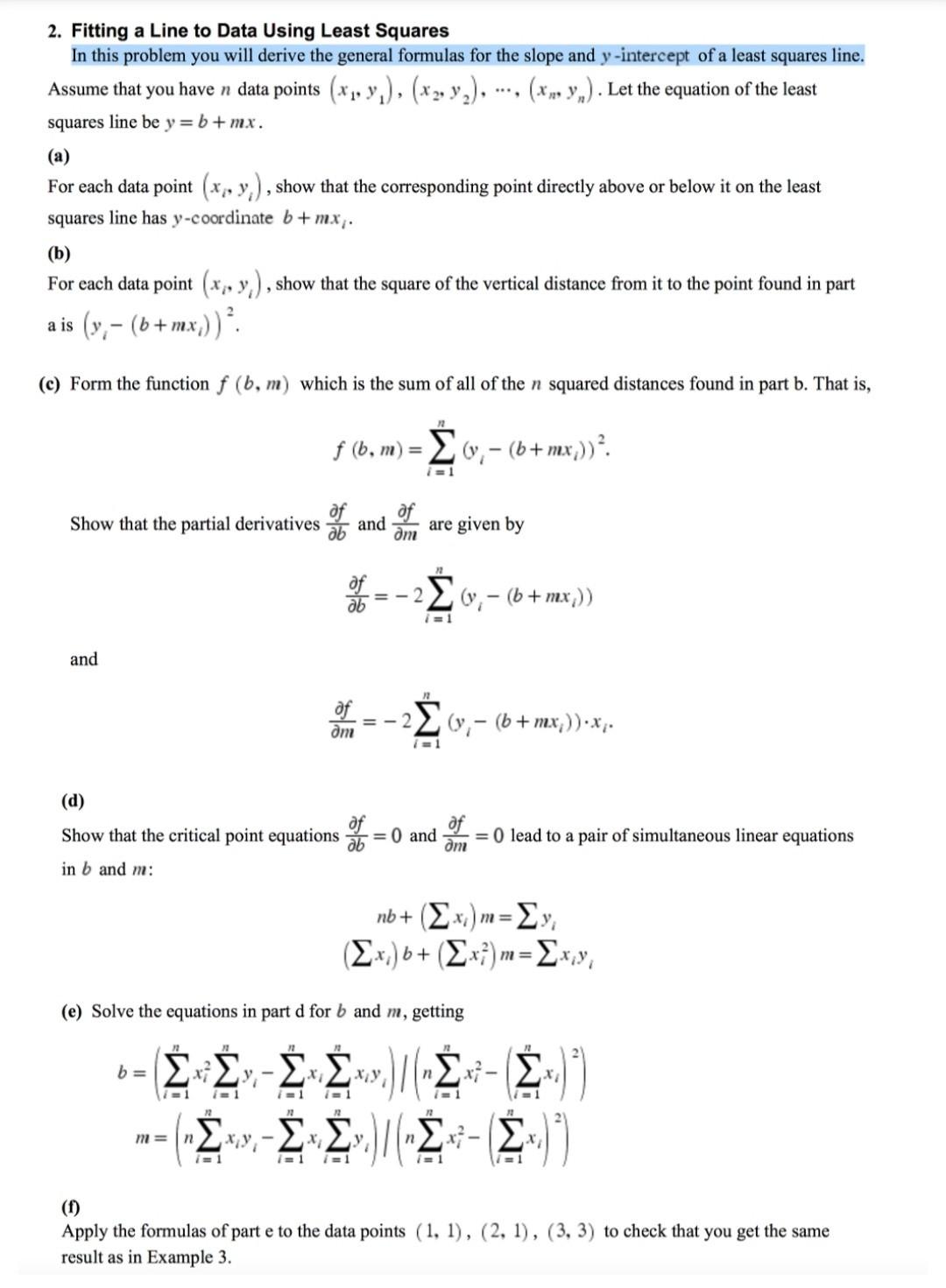 Solved 2. Fitting a Line to Data Using Least Squares In this | Chegg.com