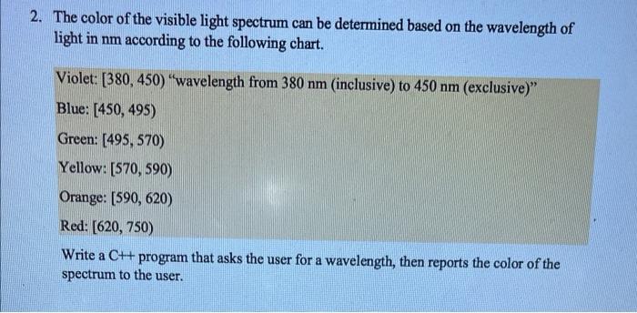 Solved 2. The color of the visible light spectrum can be | Chegg.com