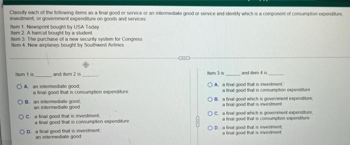 Solved Classify each of the following items as a final good | Chegg.com