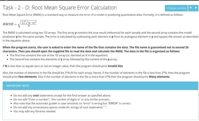 Solved Task - 2-D: Root Mean Square Error Calculation | Chegg.com