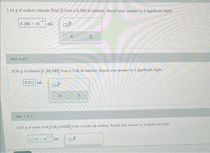 Solved 2.14 g of sodium chloride (NaCl) from a 0.386M | Chegg.com