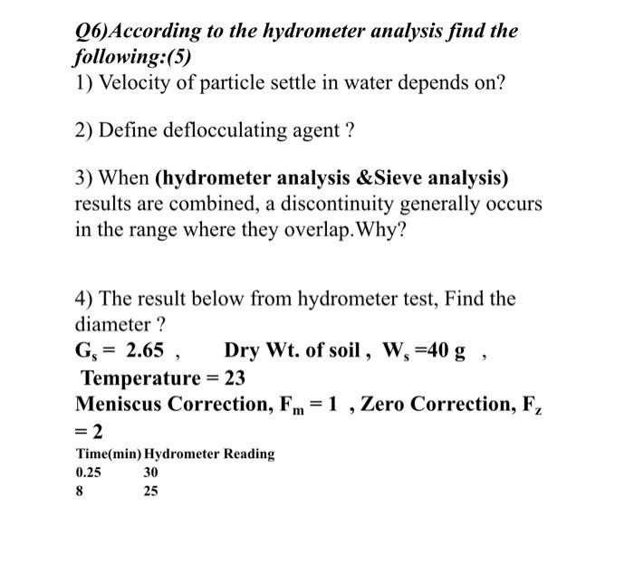 Solved Q6)According to the hydrometer analysis find the