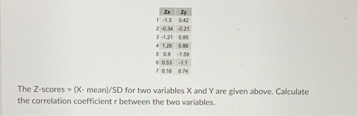 Solved Zx Zy 1 -1.3 0.42 2 -0.34 -0.21 3 -1.21 0.85 4 1.26 | Chegg.com