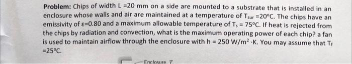 Problem: Chips of width \( \mathrm{L}=20 \mathrm{~mm} \) on a side are mounted to a substrate that is installed in an enclosu