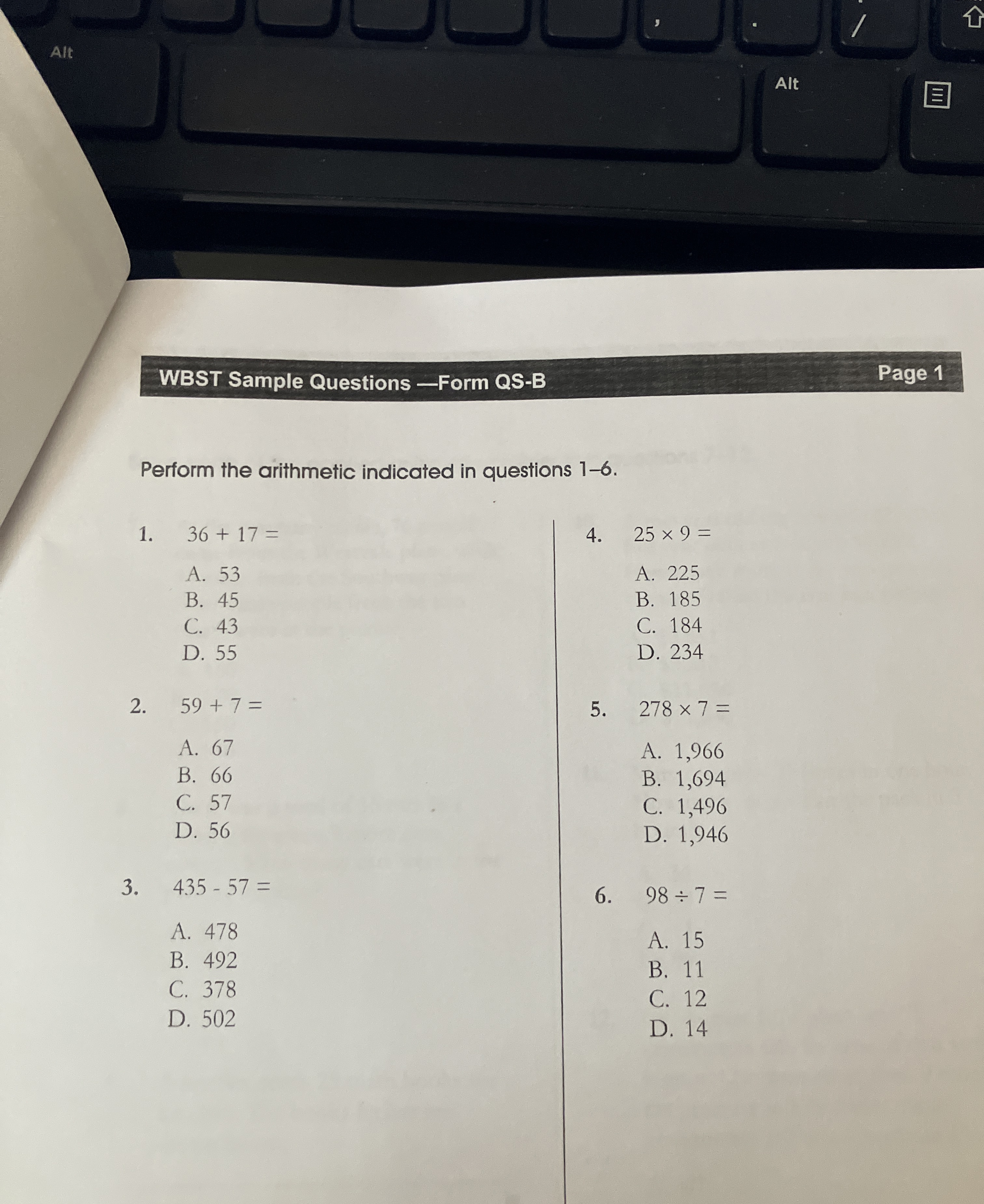 Solved AltAltWBST Sample Questions -Form QS-BPage 1Perform | Chegg.com