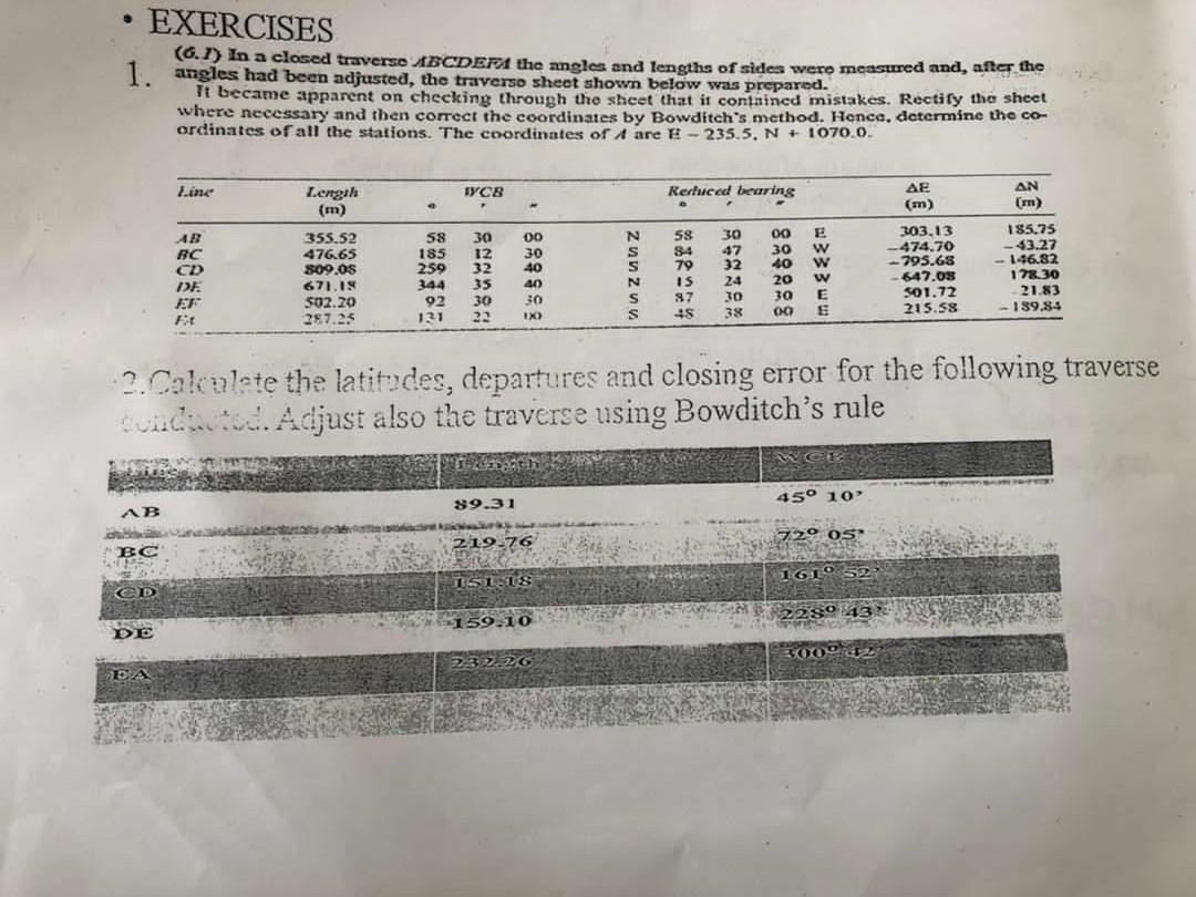 EXERCISES
(6.1) In a closed traverse ABCDEFA the angles and lengths of sides were measured and, after the
1. angles had been 