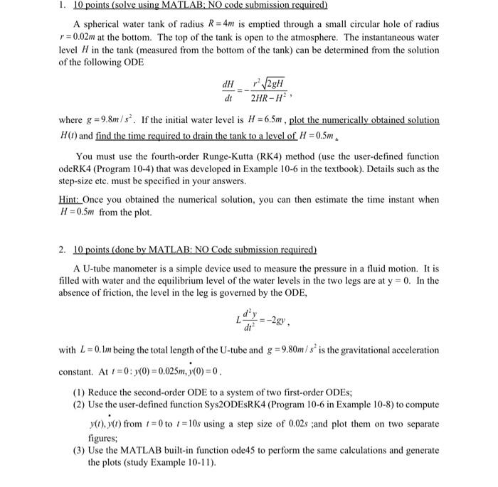 Solved 1. 10 points (solve using MATLAB; NO code submission | Chegg.com