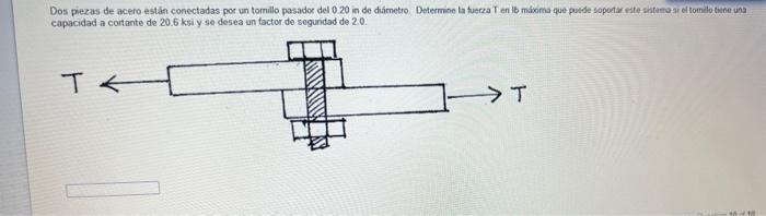 Dos piezas de acero estăn conectadas por un tomillo pasador del 0.20 in de diámetro. Determine la tuerza T en lb makoma que p