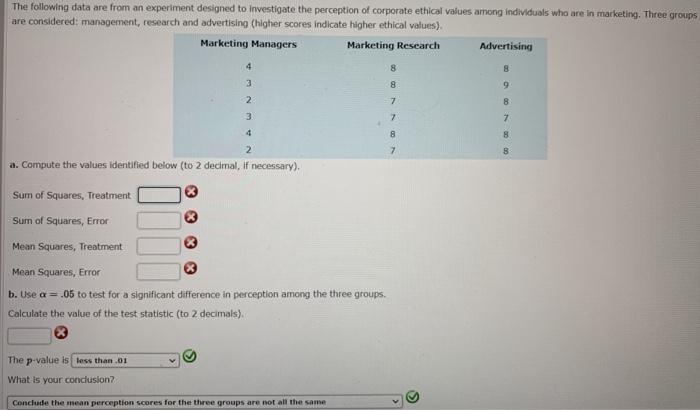 Solved The following data are from an experiment designed to | Chegg.com