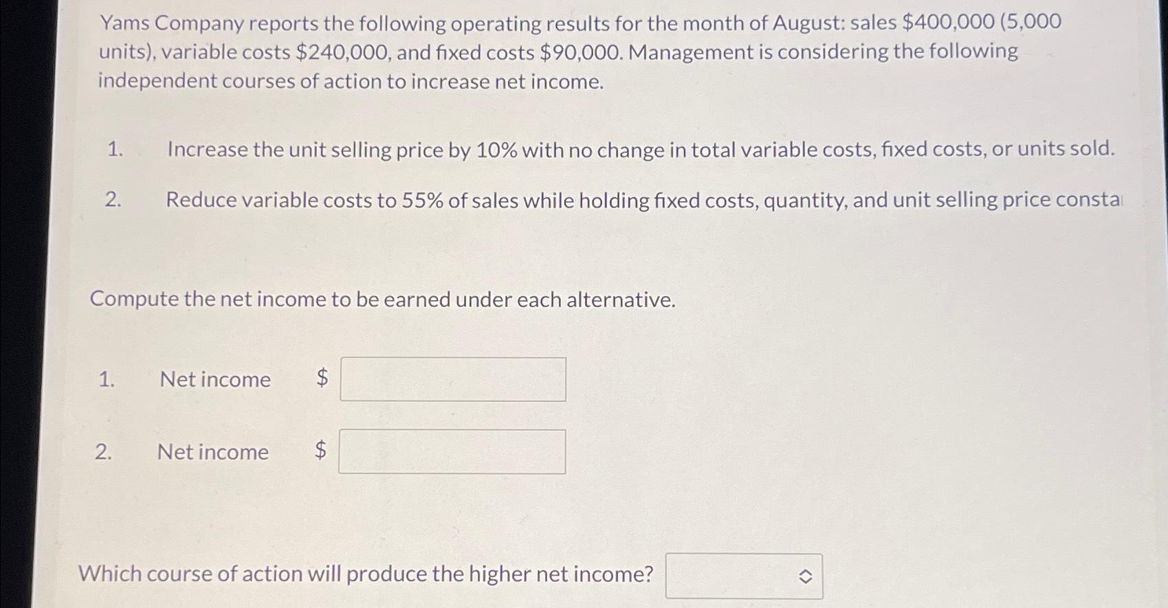 Solved Yams Company reports the following operating results