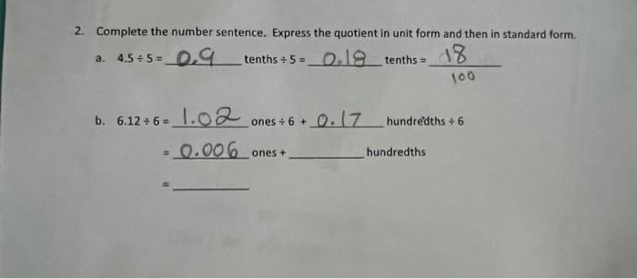 Solved 2. Complete the number sentence. Express the quotient | Chegg.com
