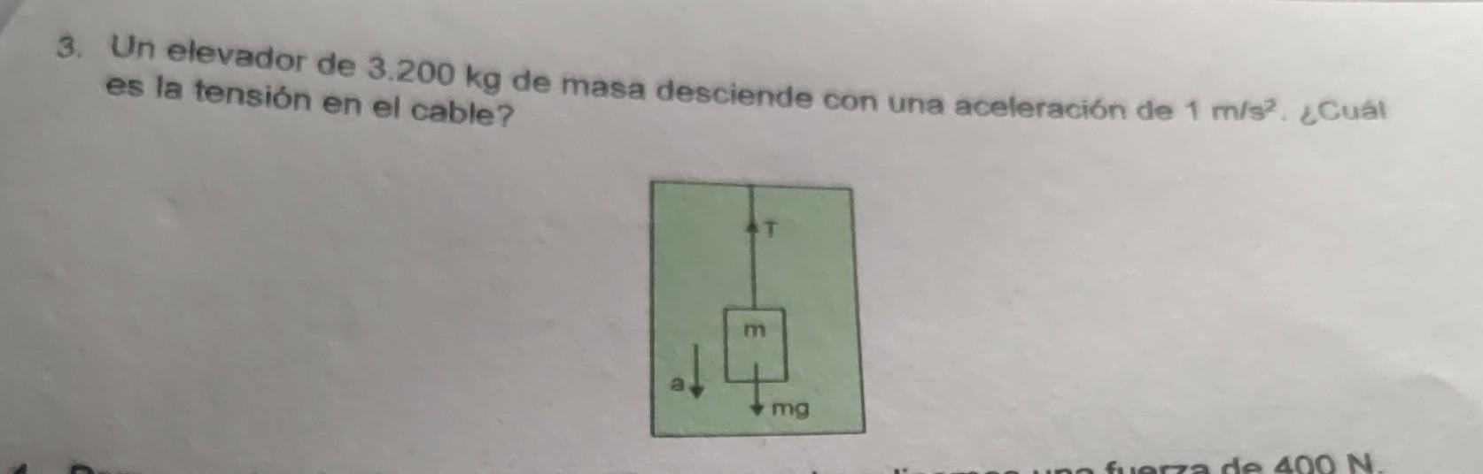 3. Un elevador de \( 3.200 \mathrm{~kg} \) de masa desciende con una aceleración de \( 1 \mathrm{~m} / \mathrm{s}^{2} \). ¿Cu