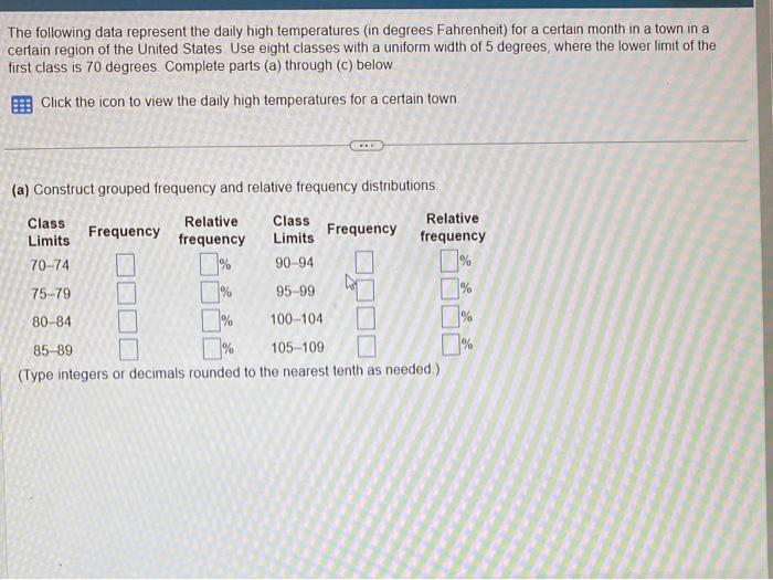Solved The following data represent the daily high | Chegg.com