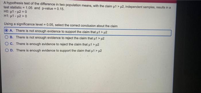 Solved A hypothesis test of the difference in two population | Chegg.com