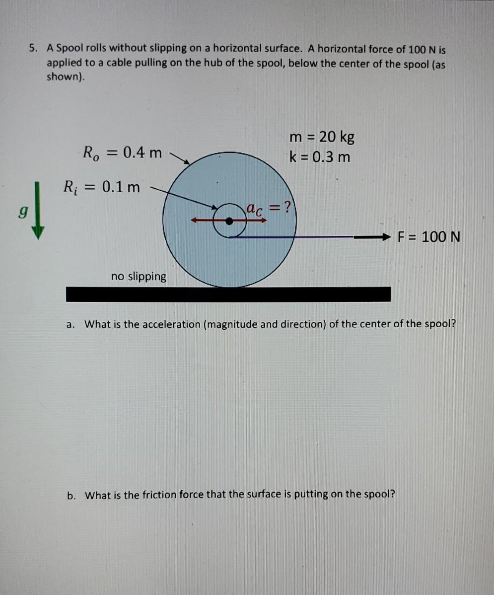 Solved 5. A Spool rolls without slipping on a horizontal | Chegg.com