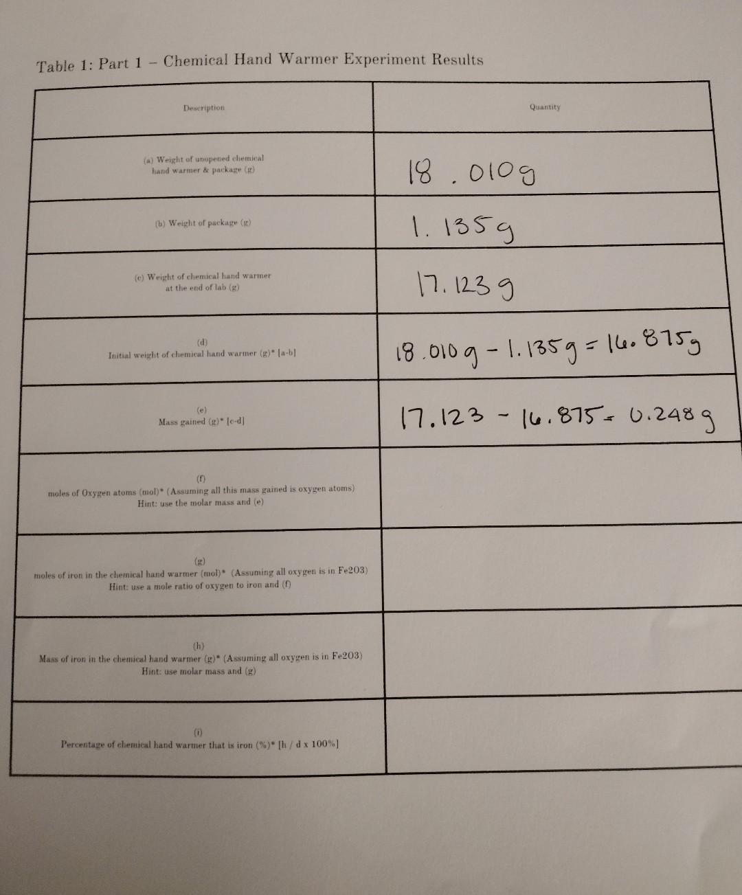 Solved Table 1 Part 1 Chemical Hand Warmer Experiment