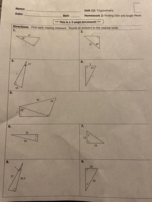 unit 12 trigonometry homework 2 finding side and angle measures