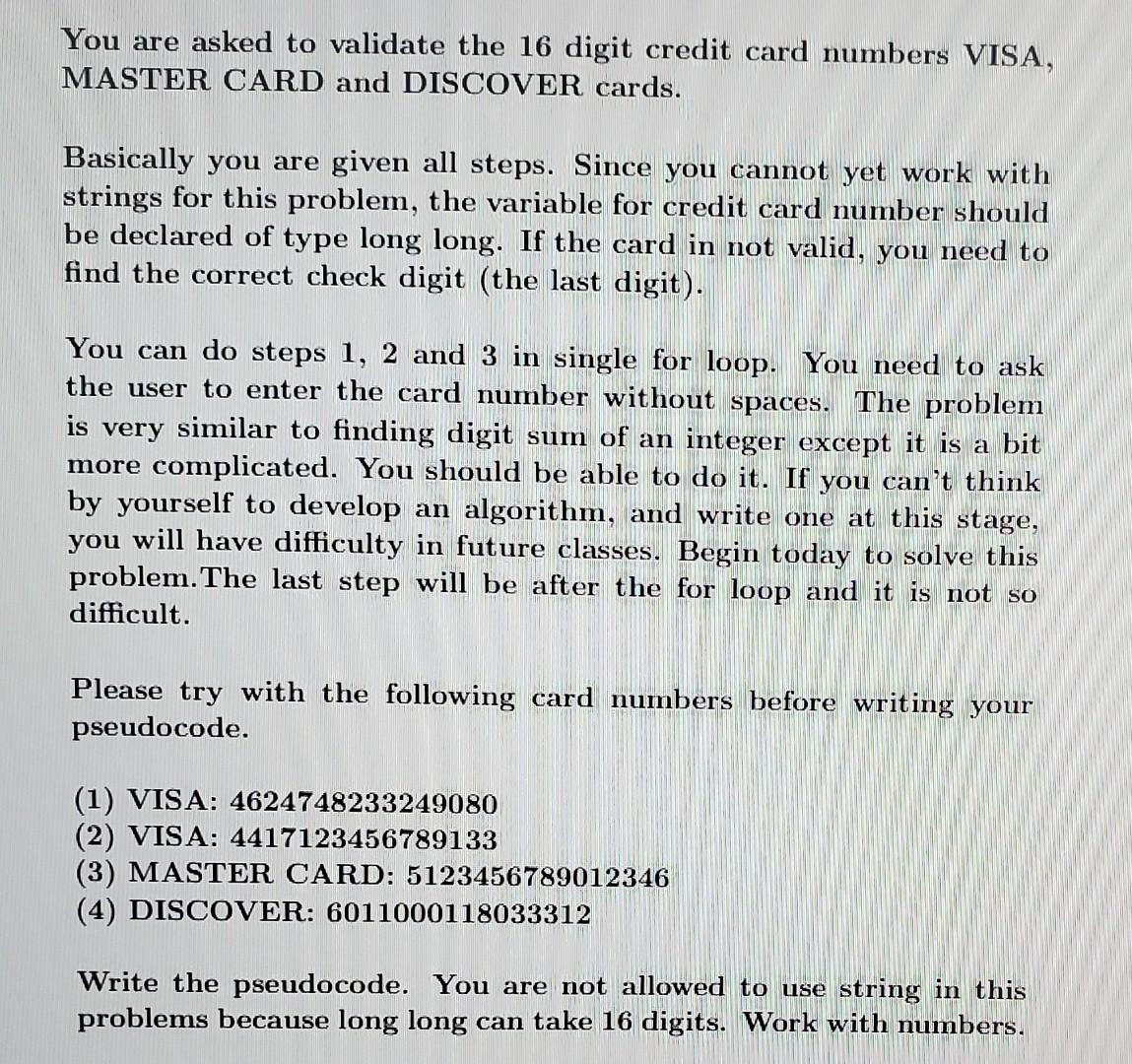 Solved e last digit of the credit card number is the check | Chegg.com