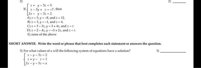 Solved X Y 3z 5 If X 3y 2 7 Then 2x Y 32 2 Chegg Com