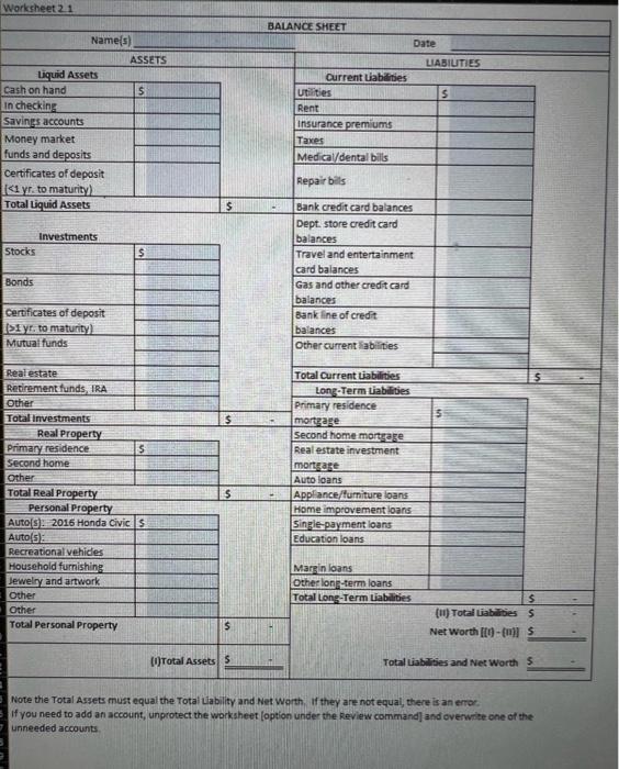 Part I: Preparing A Personal Balance Sheet. Sadie | Chegg.com