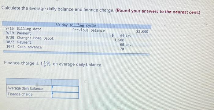 Calculate the average daily balance and finance charge. (Round your answers to the nearest cent.)
Finance charge is \( 1 \fra