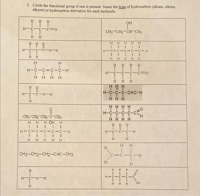 2. Circle the functional group if one is present. Name the type of hydrocarbon (alkane, alkene, alkyne) or hydrocarbon deriva