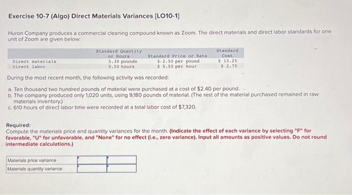 Solved Exercise 10-7 (Algo) Direct Materials Variances | Chegg.com