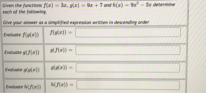 Solved Given the functions f(x) = 3x, g(x) = 9x + 7 and h(x) | Chegg.com