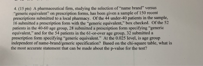Solved 4. (15 pts) A pharmaceutical firm, studying the | Chegg.com