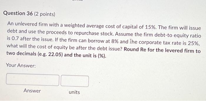 Question 36 (2 Points) An Unlevered Firm With A | Chegg.com