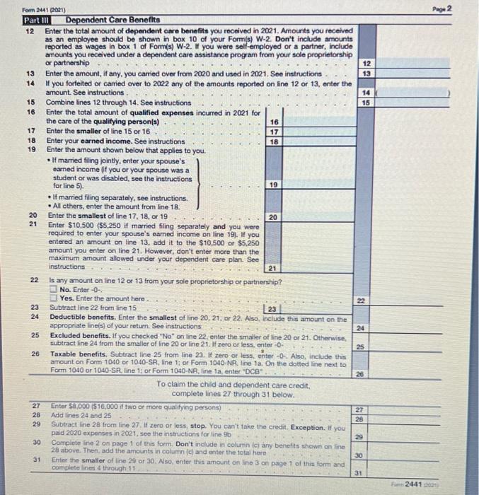 please help me fill out this form 2441, I really need | Chegg.com