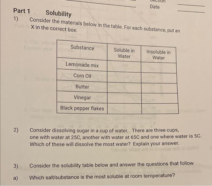Solved Part 1 Solubility 1) Consider the materials below in 
