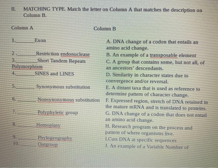 Solved MATCHING TYPE. Match the letter on Column A that | Chegg.com