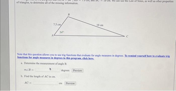 Solved of triangles, to determine all of the missing | Chegg.com