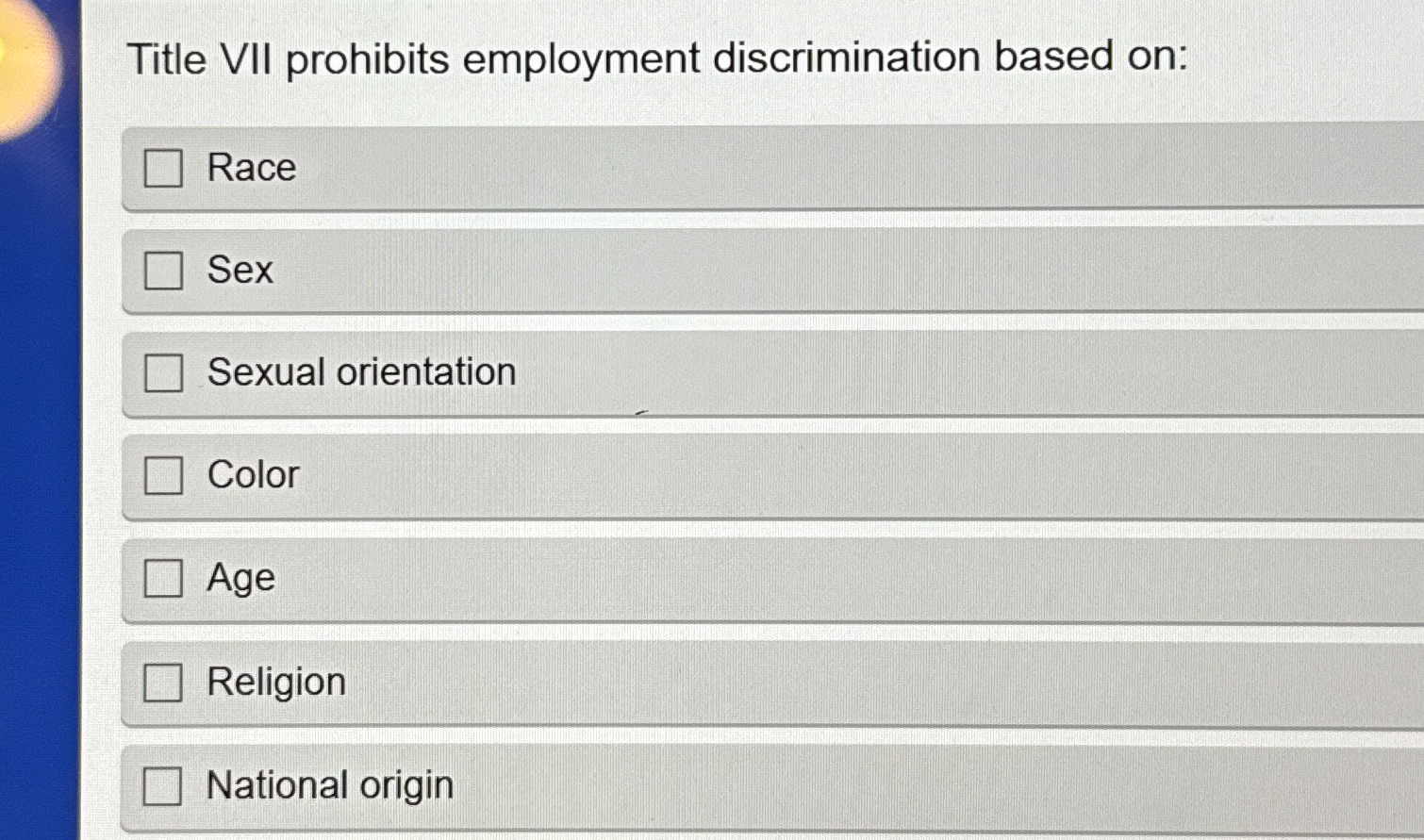 Solved Title VII prohibits employment discrimination based | Chegg.com