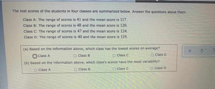 Solved The test scores of the students in four classes are | Chegg.com