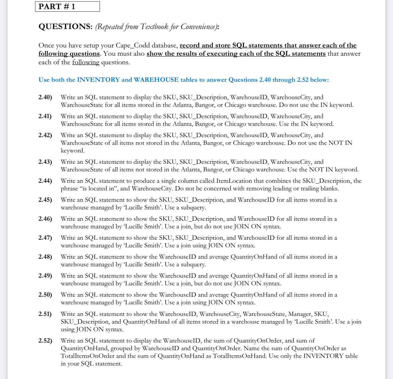 Solved PART # 1QUESTIONS: (Repeated from Textbook, for | Chegg.com
