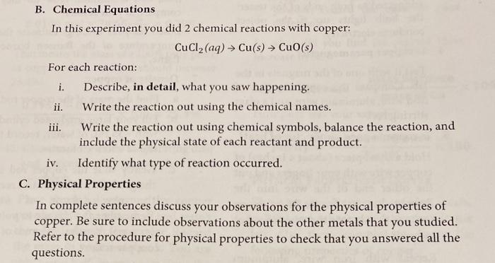 Solved B. Chemical Equations In this experiment you did 2 Chegg