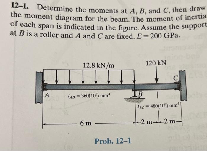 Solved 12-1. Determine the moments at A,B, and C, then draw | Chegg.com