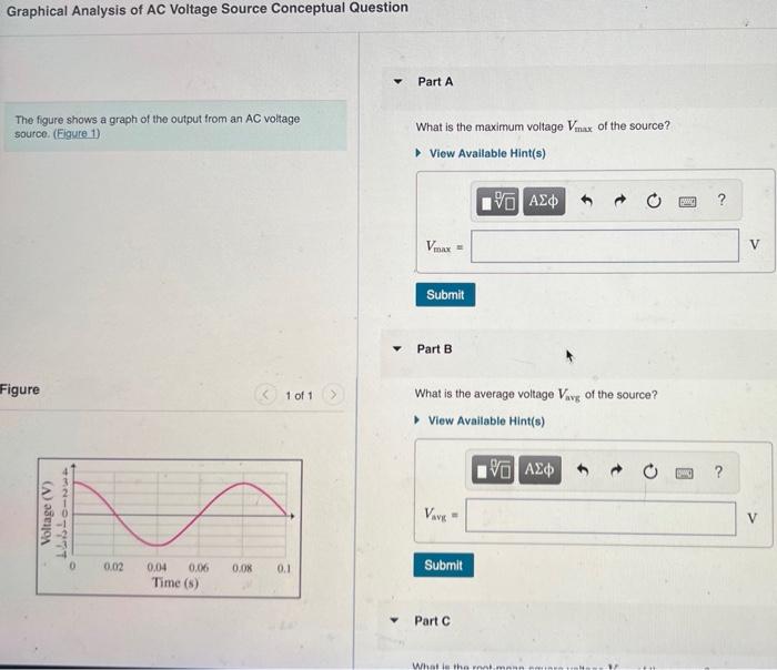 Graphical Analysis of AC Voltage Source Conceptual Question
Part A
The figure shows a graph of the output from an AC voltage
