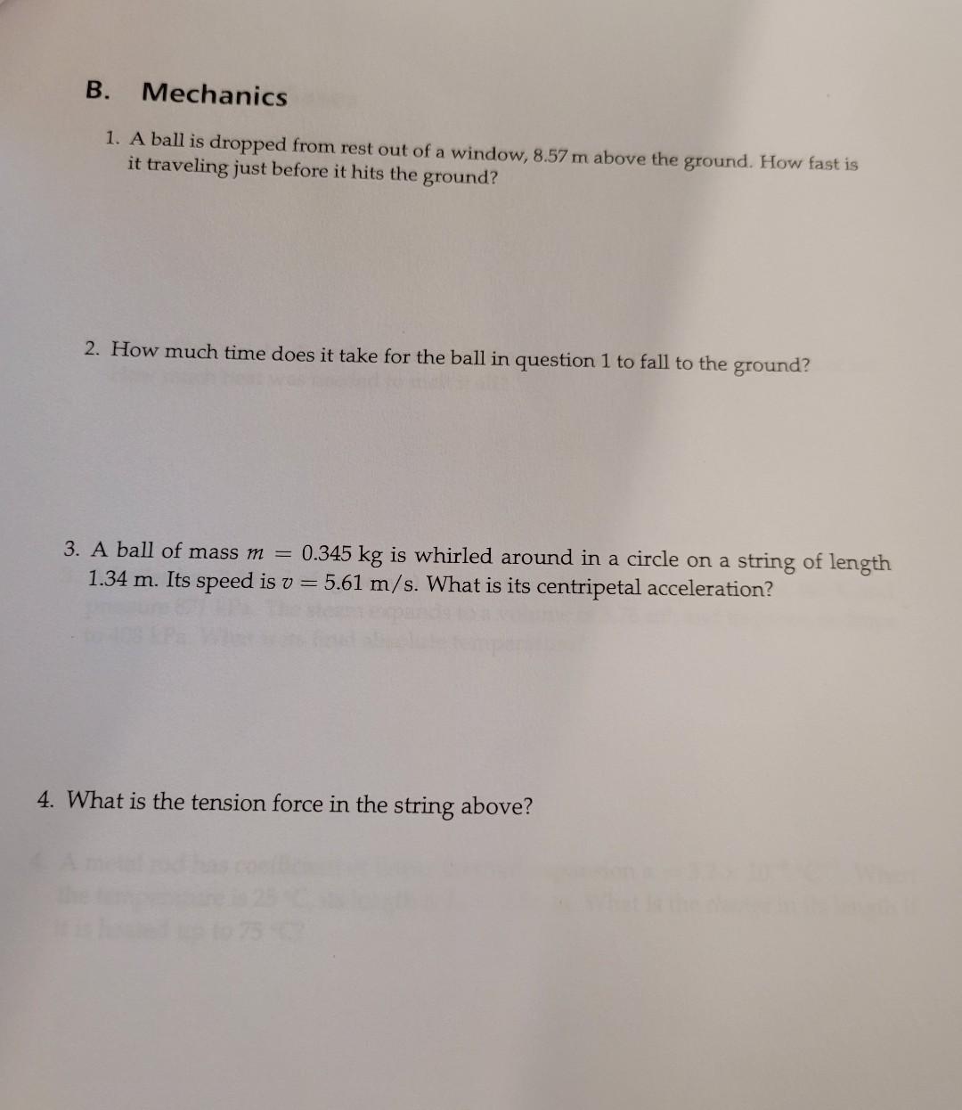 Solved B. Mechanics 1. A Ball Is Dropped From Rest Out Of A | Chegg.com