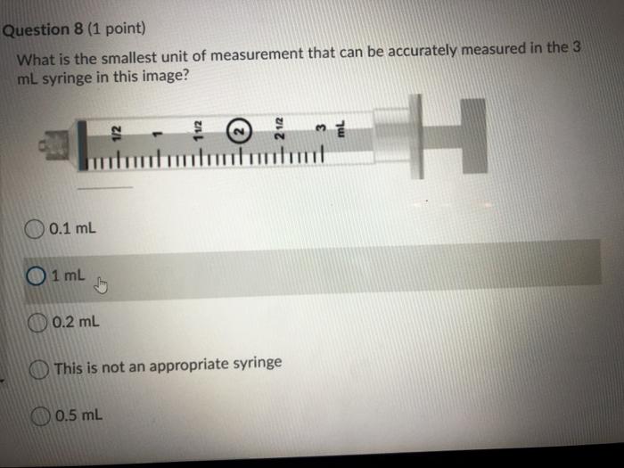 Question 8 (1 point) What is the smallest unit of measurement that can be accurately measured in the 3 mL syringe in this ima