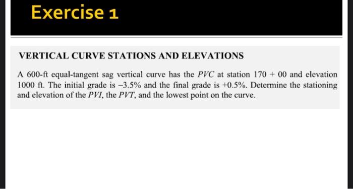 Solved Exercise 1 VERTICAL CURVE STATIONS AND ELEVATIONS A | Chegg.com