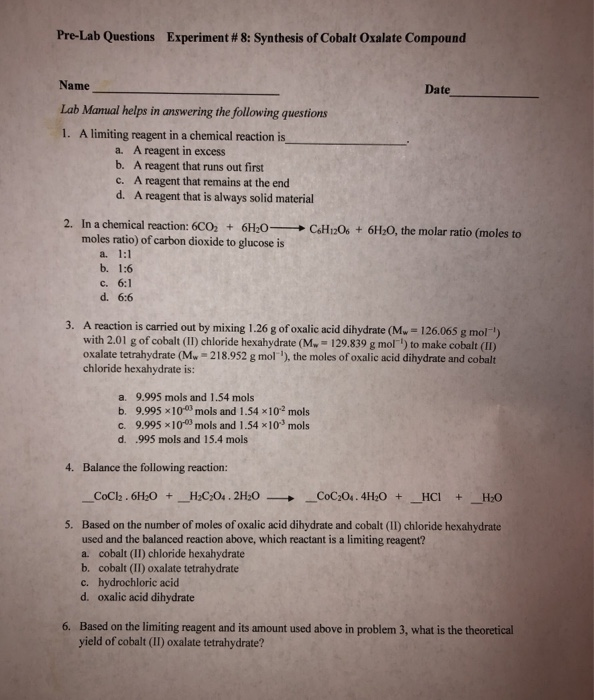 Solved Pre-lab Questions Experiment #8: Synthesis Of Cobalt 