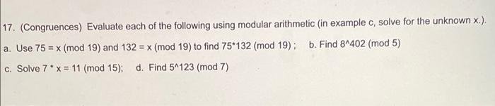 Solved 17. (Congruences) Evaluate Each Of The Following | Chegg.com